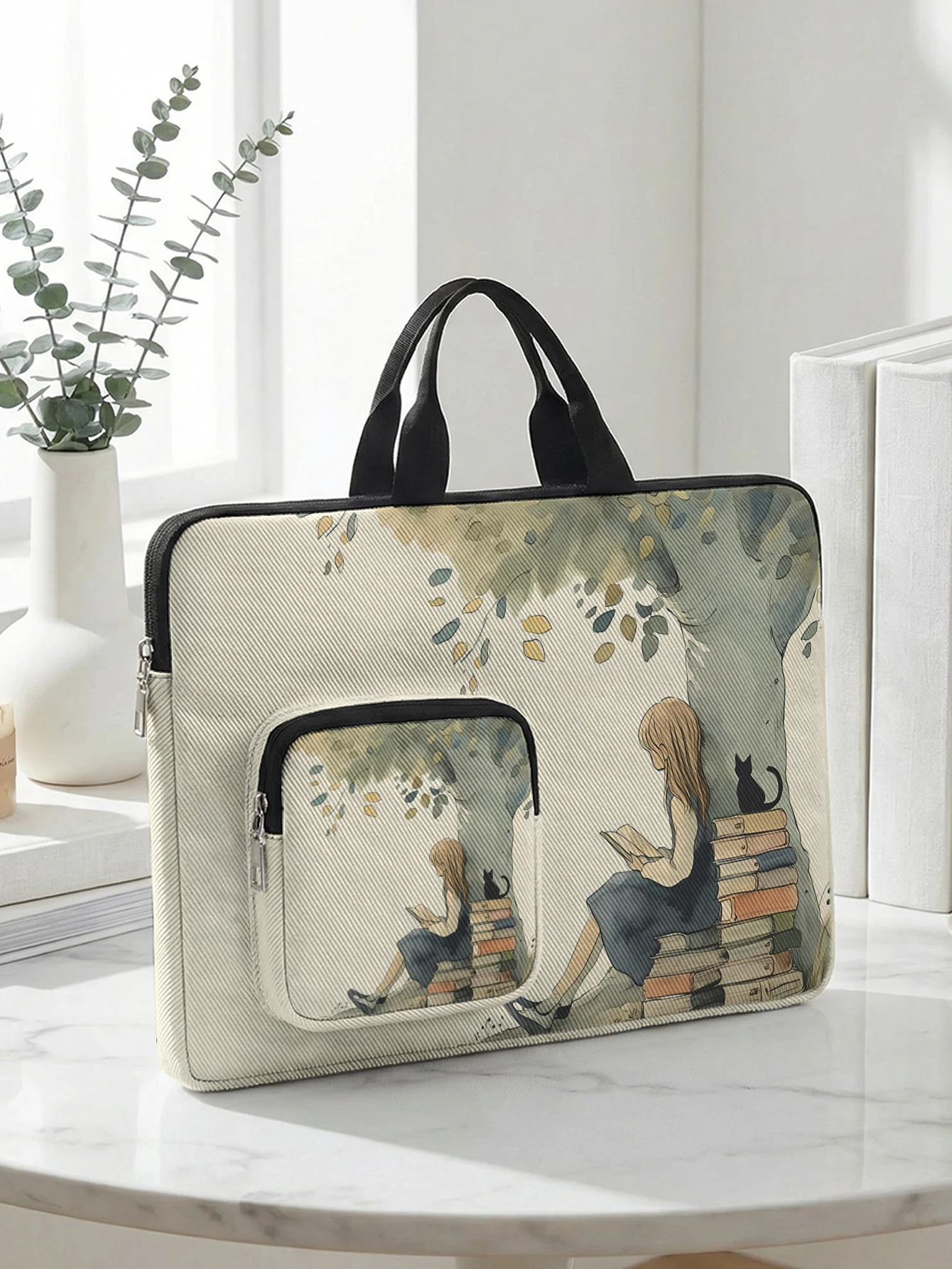 Vintage Reading Girl Black Cat Laptop Handbag With Extra Pocket Shockproof Notebook Case For 13-15.6 Inch Laptops