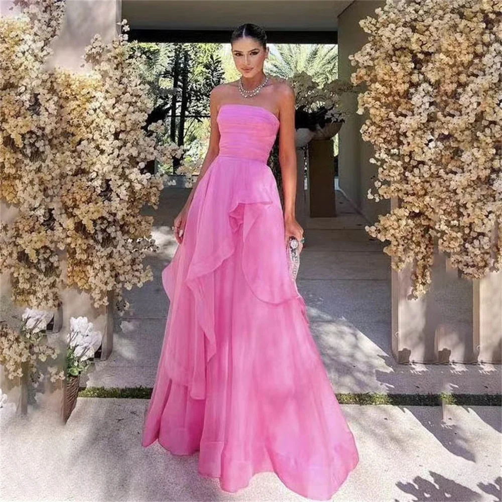 Lily Pink Long Party Dresses Vintage Newest Strapless Night Dress Beach Pleat Layer Tulle Celebrity Dresses vestidos de fiesta