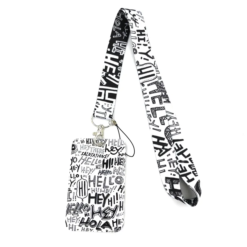 White Hello Hey Funny Letters Lanyard Credit Card ID Holder Bag Student Women Travel Card Cover Badge Car Keychain Decorations