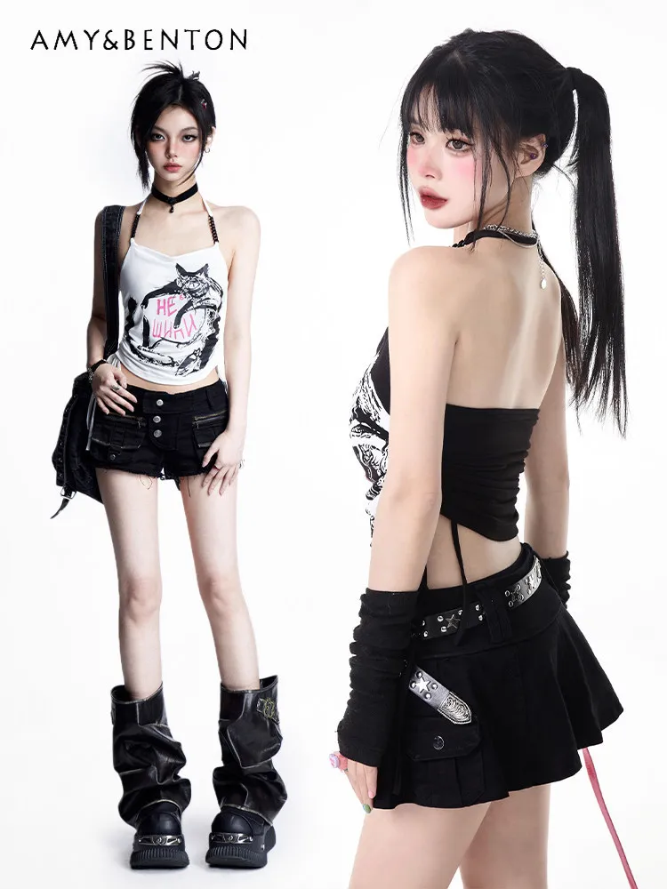 

Summer New American Retro Gothic Street Style Spice Girl Slim and Thin Short Cartoon Print White Black Halter Sling