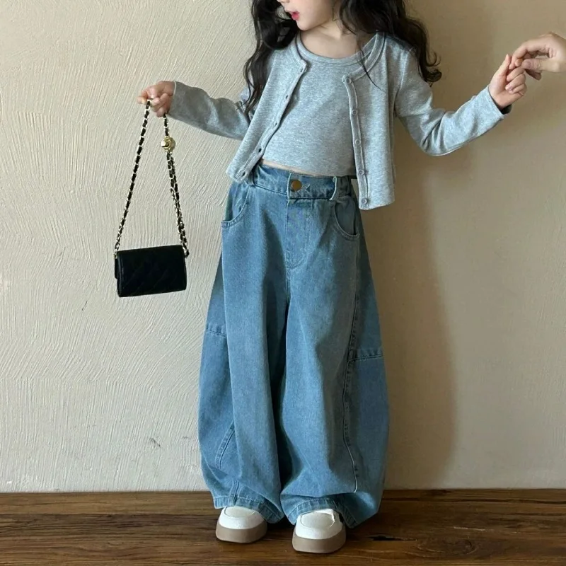 Girls' Spring Dress Set 2026 New Style Stylish Short Sleeve Cardigan +Tank Top+ Jeans 3-Piece Set Kids Clothing Sets