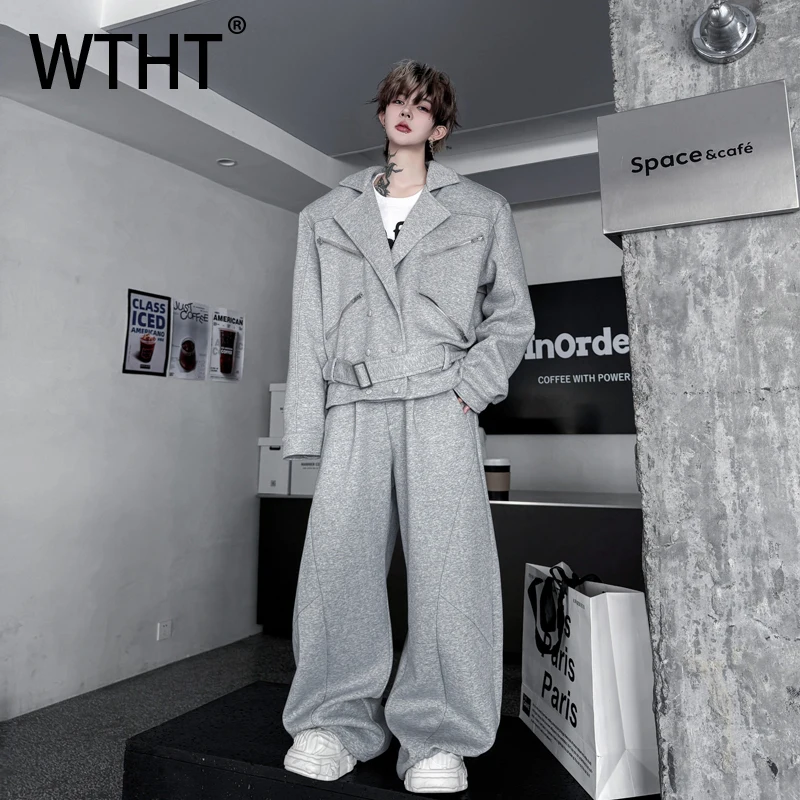 

WTHT модный мужской комплект, пальто с отложным воротником на молнии, свободные широкие брюки, мужской костюм 2023, осень 2A1689