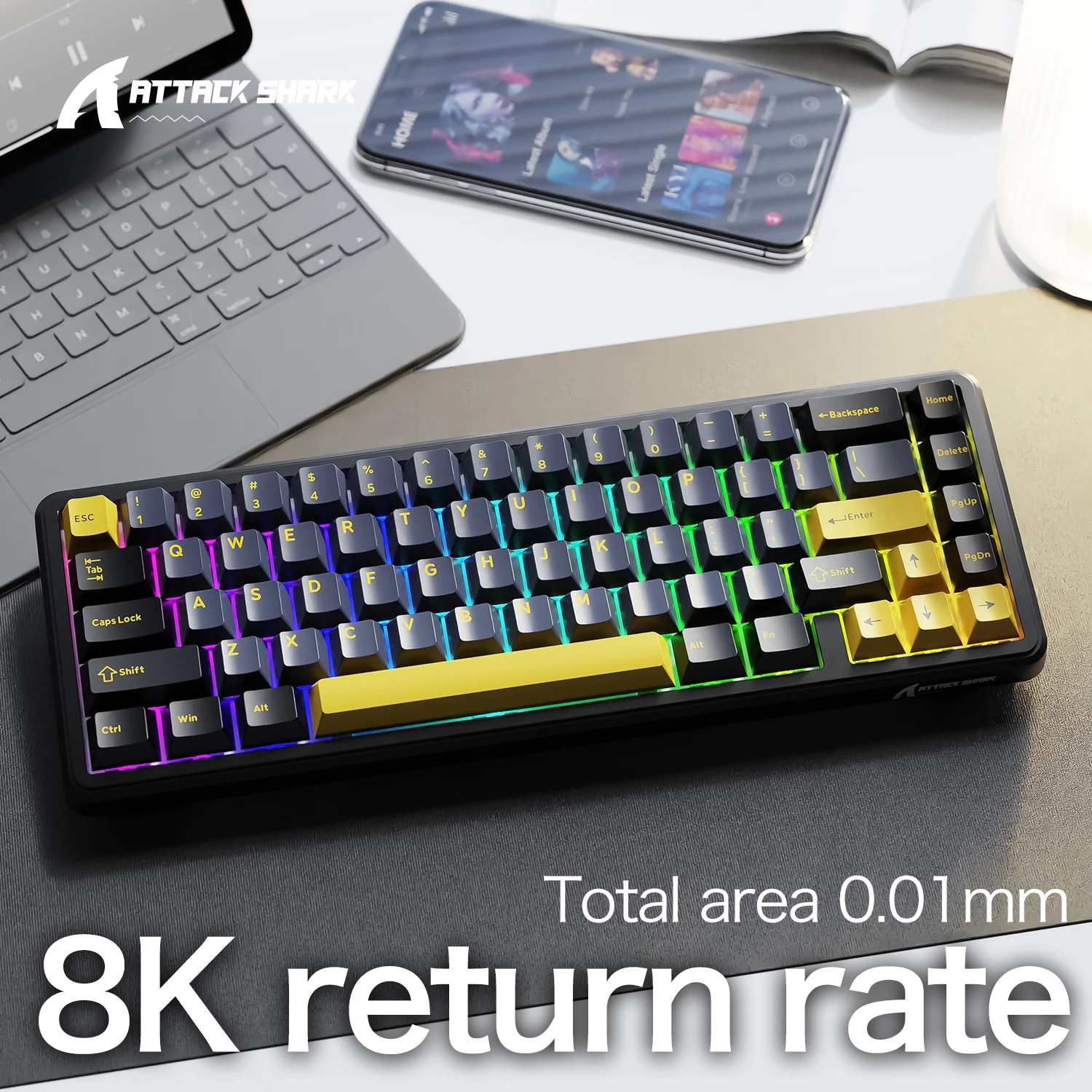 

Игровая клавиатура ATTACK SHARK X65 HE с магнитными переключателями и быстрым откликом, 65% форм-фактор, проводная, с частотой опроса 8000 Гц, точность отклика 0.01 мм