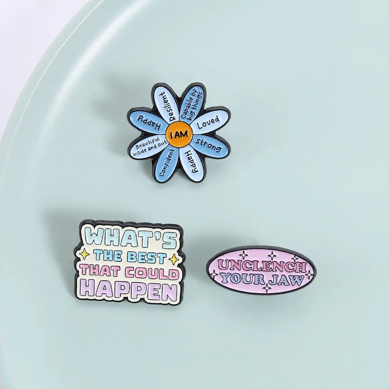 Cute Sunflower Shaped Badge Brooch Pins Cartoon Inspirational Quotes Unclench Your Jaw I Am Resilient Happy Enamel Lapel Pin Acc