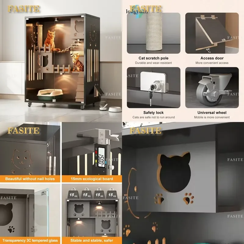 For Modern Light Luxury Foldable Solid Wood Cat Villa Tempered Glass Large Indoor Pet House Animal Pattern Furniture Living