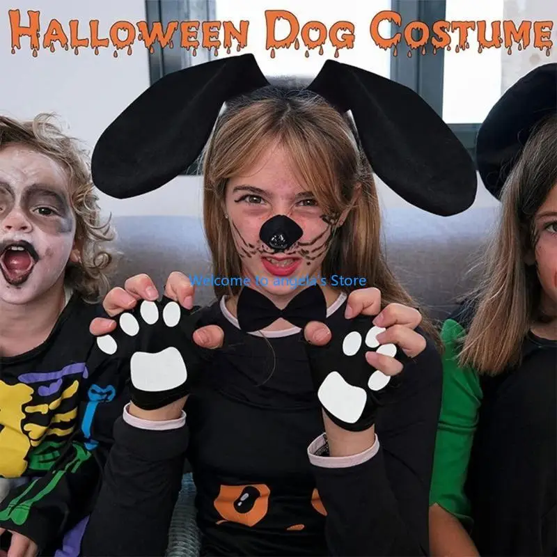 X4YC Dog Costume Tail Nose Tail Bowtie Glove and Skirt, Dog Fancy Dress up Outfit Child Halloween Animal Costume Accessories