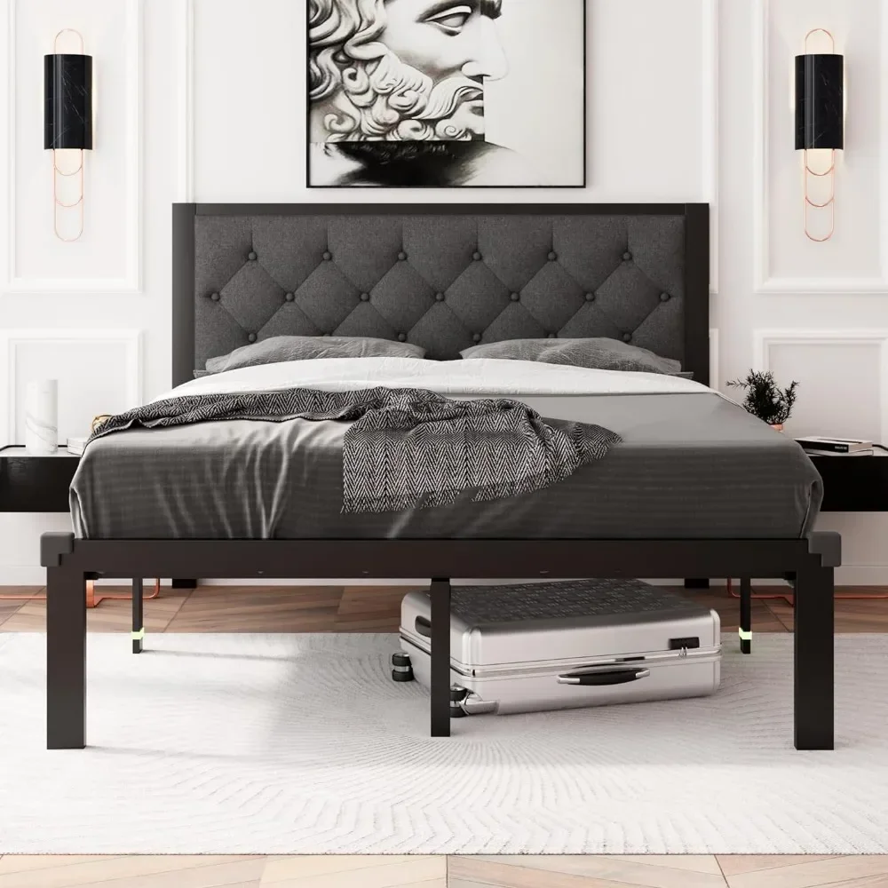 Metal Bed Frame with Faux Leather Button Tufted Headboard, Storage, No Box Spring Needed, Noise Free Bed Frame