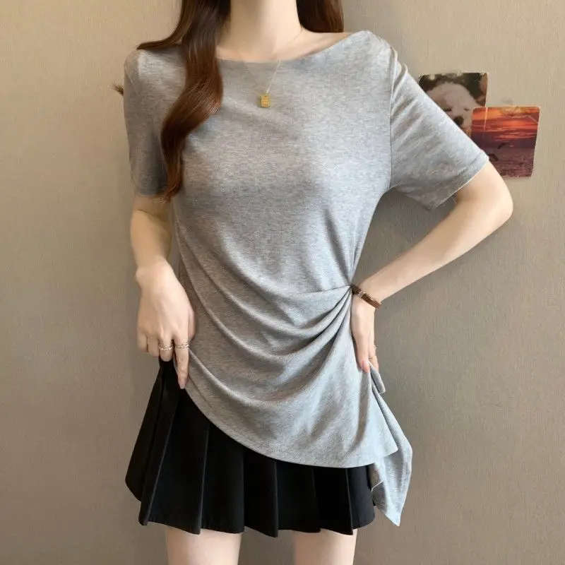 Large size women's clothing summer new commuter style waist and thin one-word shoulder irregular short-sleeved t-shirt