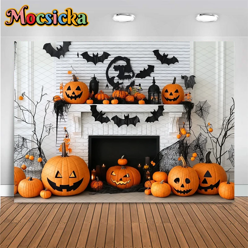 Mocsicka 할로윈 사진 배경 흰색 벽난로 벽 박쥐 거미줄 호박 파티 장식 사진 배경 화면