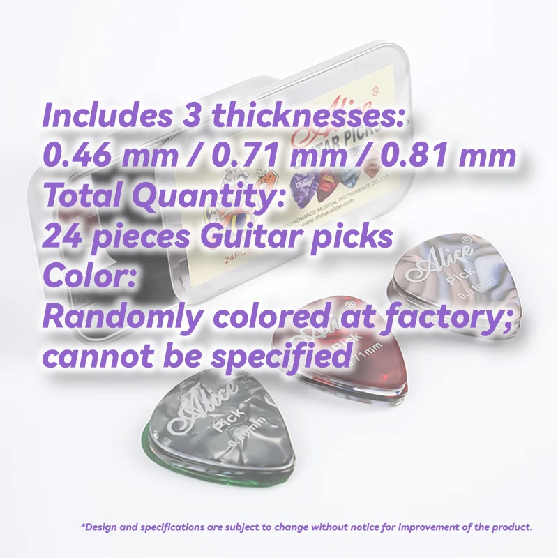 24pcs Alice Boxed Guitar Picks, Mixed Thickness 0.46/0.71/0.81mm Celluloid, Random Color for Acoustic Electric Guitar