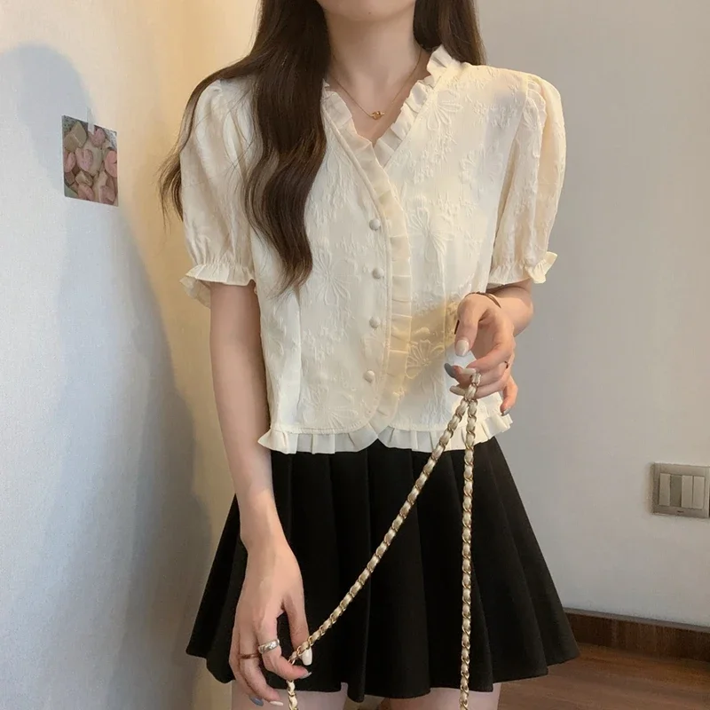 Casual Summer Shirts for Women 2024 Elegant Fashion Short Sleeve Korean Y2k Clothes Vintage Ruffles Puff Sleeve Crop Top Blouses