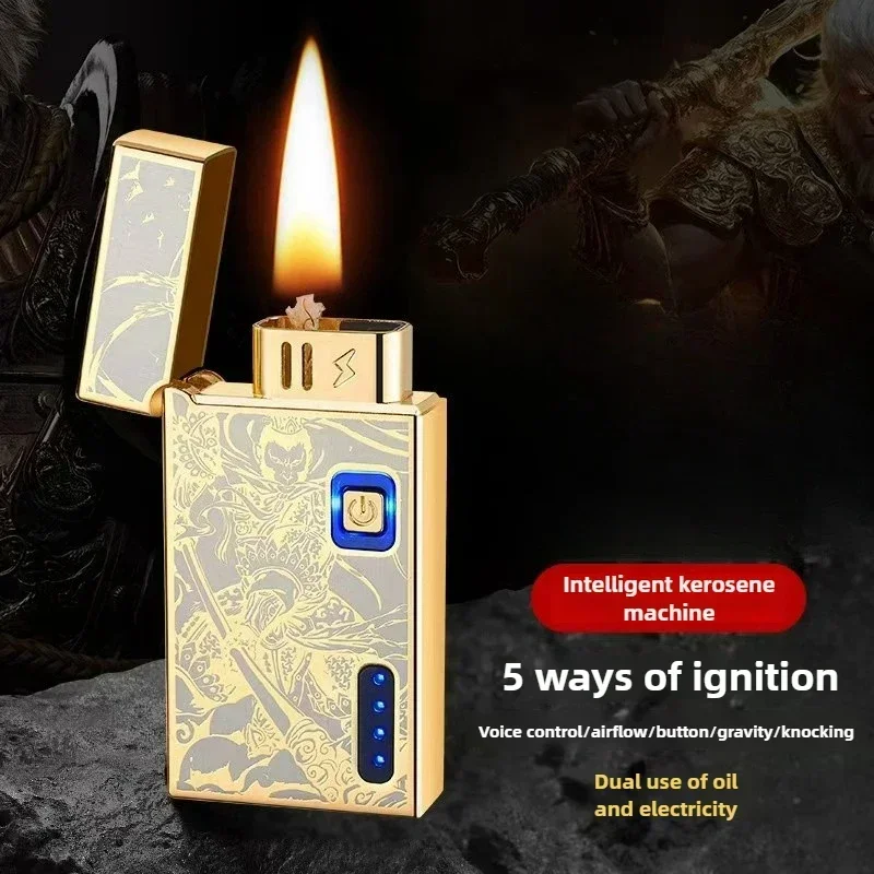 Intelligent Voice Control Ignition Windproof Kerosene Lighter Creative 5 Ignition Methods Power Display Type-C Electric Lighters