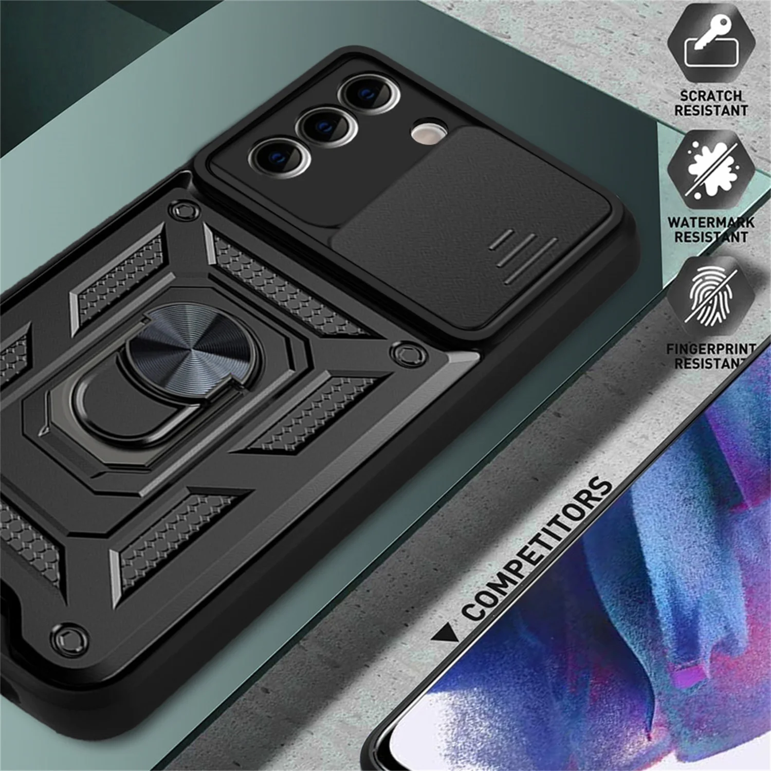 حافظة مضادة للصدمات لهاتف سامسونج جالاكسي S21، حامل مغناطيسي للسيارة، حامل حلقي، واقي كاميرا جالاكسي S21، غطاء