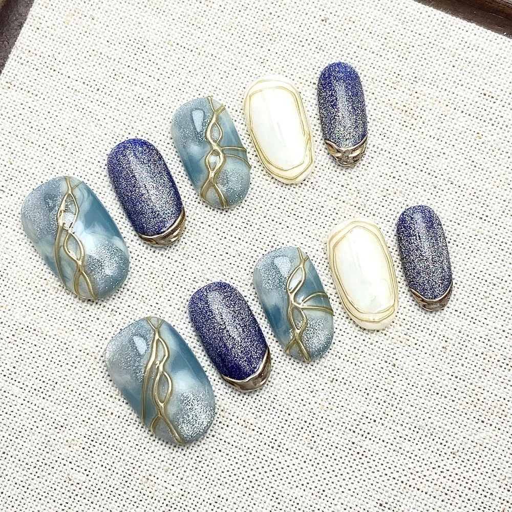 10 Pieces Luxury Velvet French Handmade Press On Nails Smudge Cat Eye Frame Chrome Short Oval Fake Nail Removable Reusable