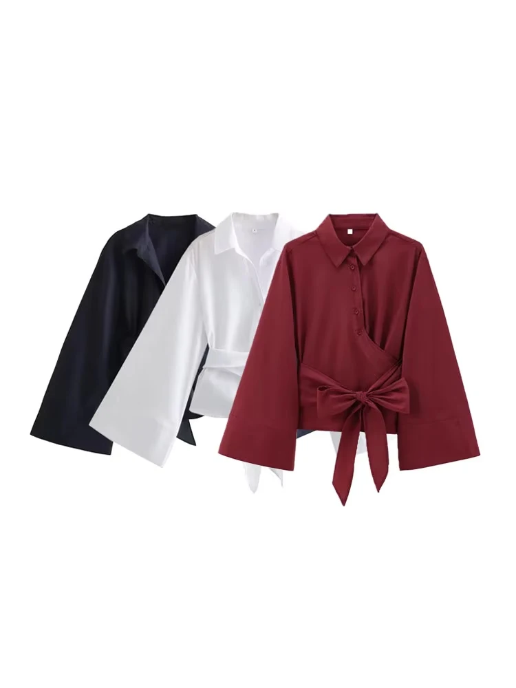 

Smvp Women's Long Sleeve Kimono Blouses with Bow Tie, Front Button, Female Shirts, Chic Tops, Fashion