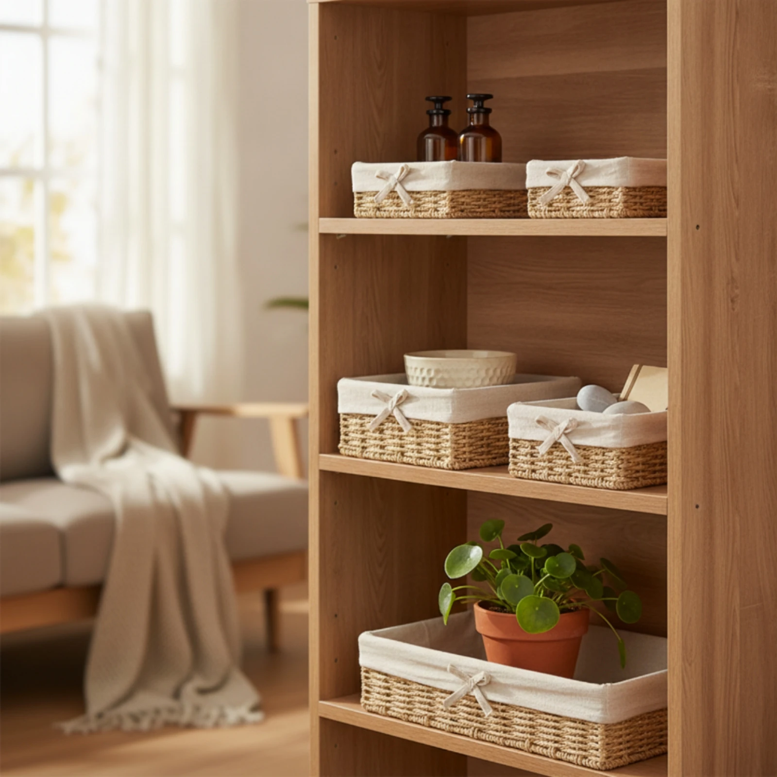 4 Pieces Woven Storage Basket with Textile Trim Low-Height Wicker Basket Wicker Storage Tray Natural Woven Tray Versatile
