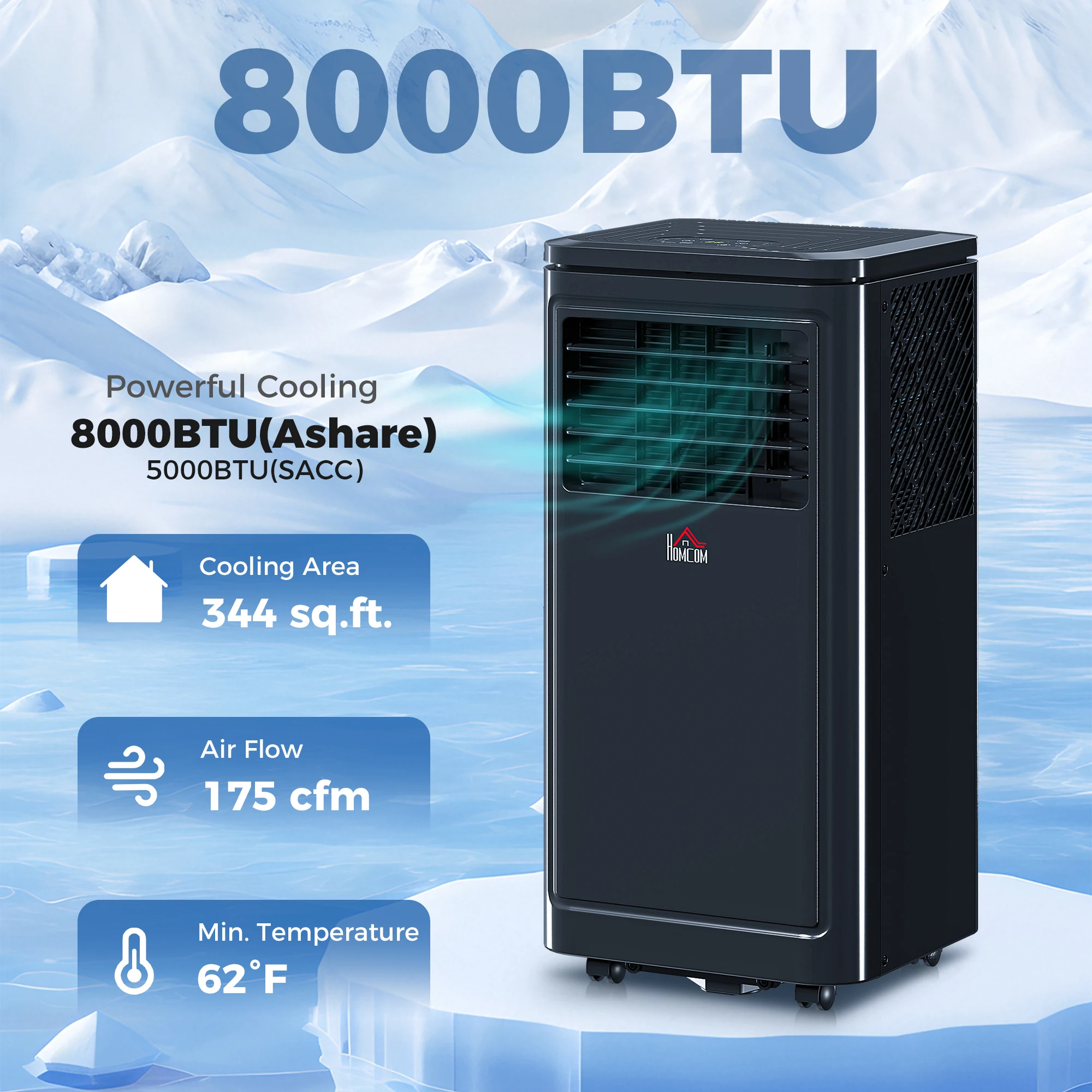 8000 BTU Portable Air Conditioner Fan w/ Remote for Rooms Up to 344 Sq. Ft., Evaporative Cooler AC Unit Black