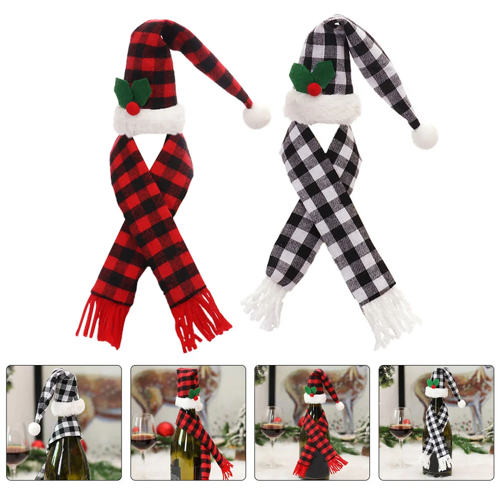 2 Sets Christmas Bottle Scarf Small Xmas Hat Lovely Decoration Dining Table Cloth Ornament Knitted