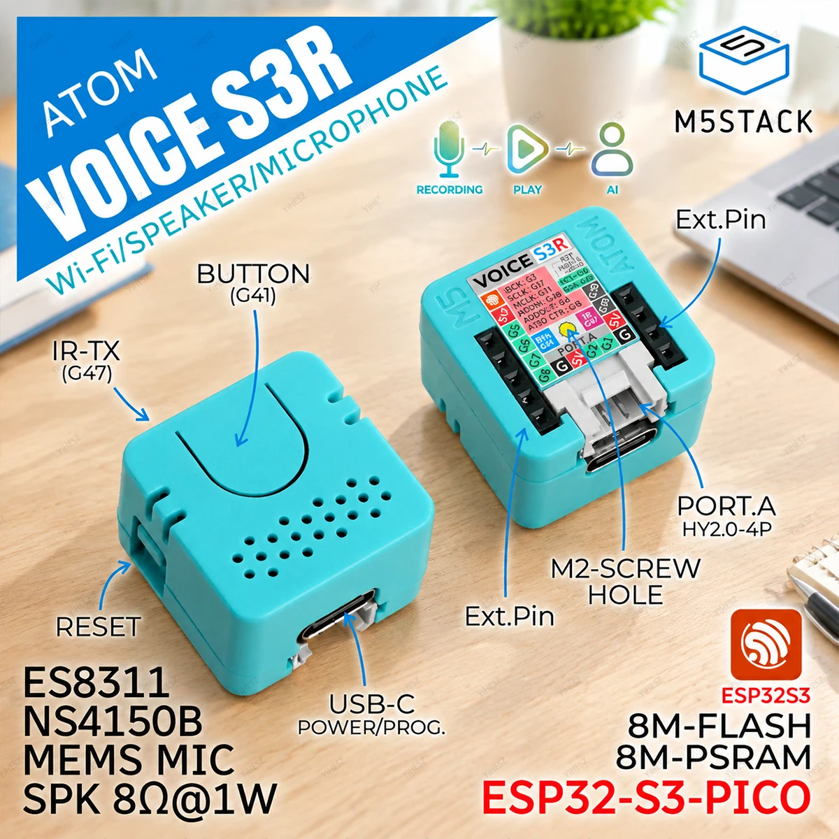 M5Stack Atom VoiceS3R ESP32-S3 AI Voice Assistant Development Kit MEMS Mic Speaker ES8311 Audio IoT Arduino Board