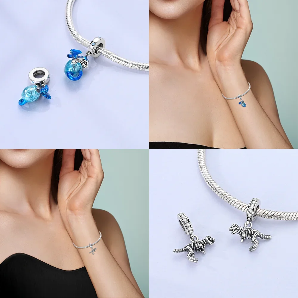 Dijes de la serie Dragon, colgante de plata 925 con pterosaurio, tiranosaurio, camaleón, compatible con Pulsera Original, fabricación de joyería DIY
