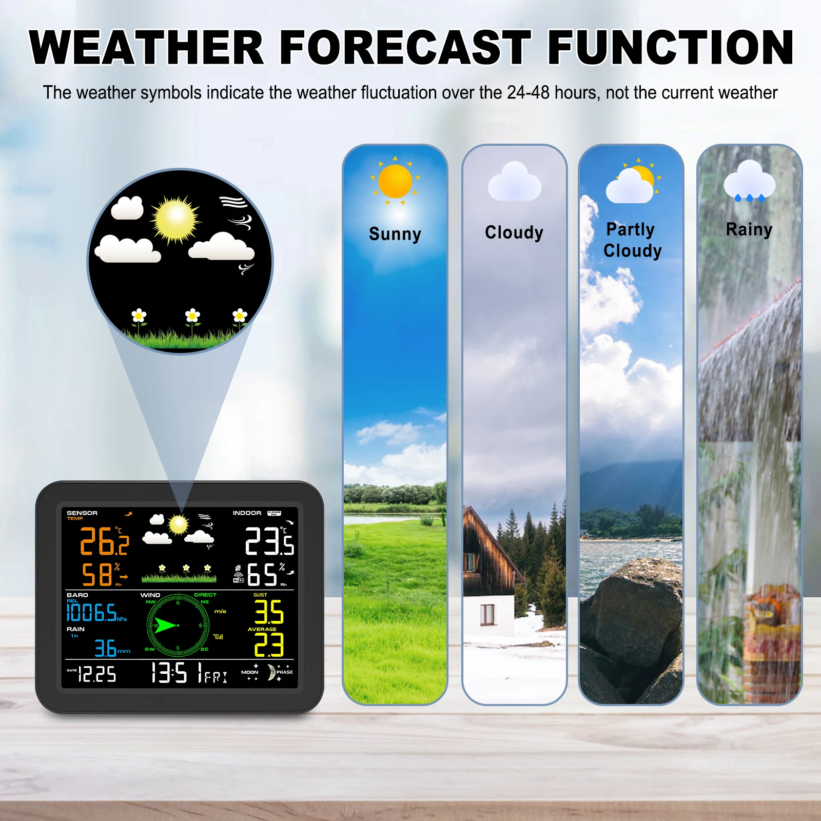 محطة الطقس اللاسلكية 7 في 1 شاشة ملونة عالية الدقة مقياس حرارة داخلي/خارجي مقياس الرطوبة مقياس الرياح والمطر للمنزل