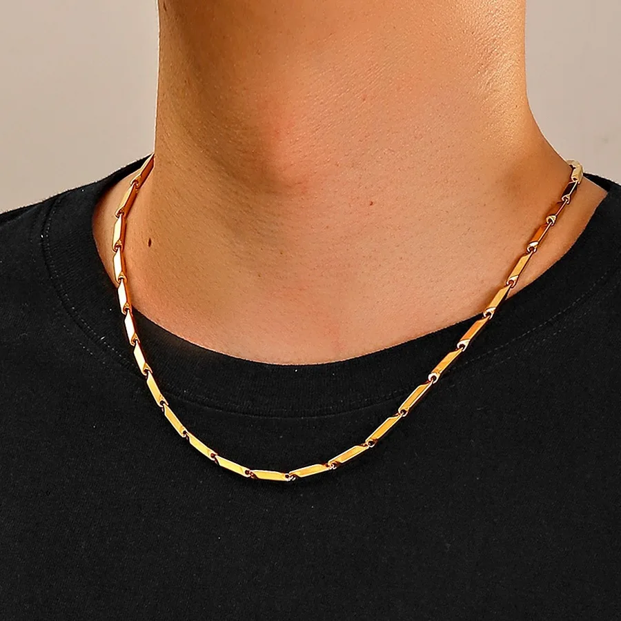 Gold Plated Stainless Steel Faceted Bar Link Chain Necklace Tarnish Resistant Hypoallergenic Minimalist Geometric Jewelry for Me