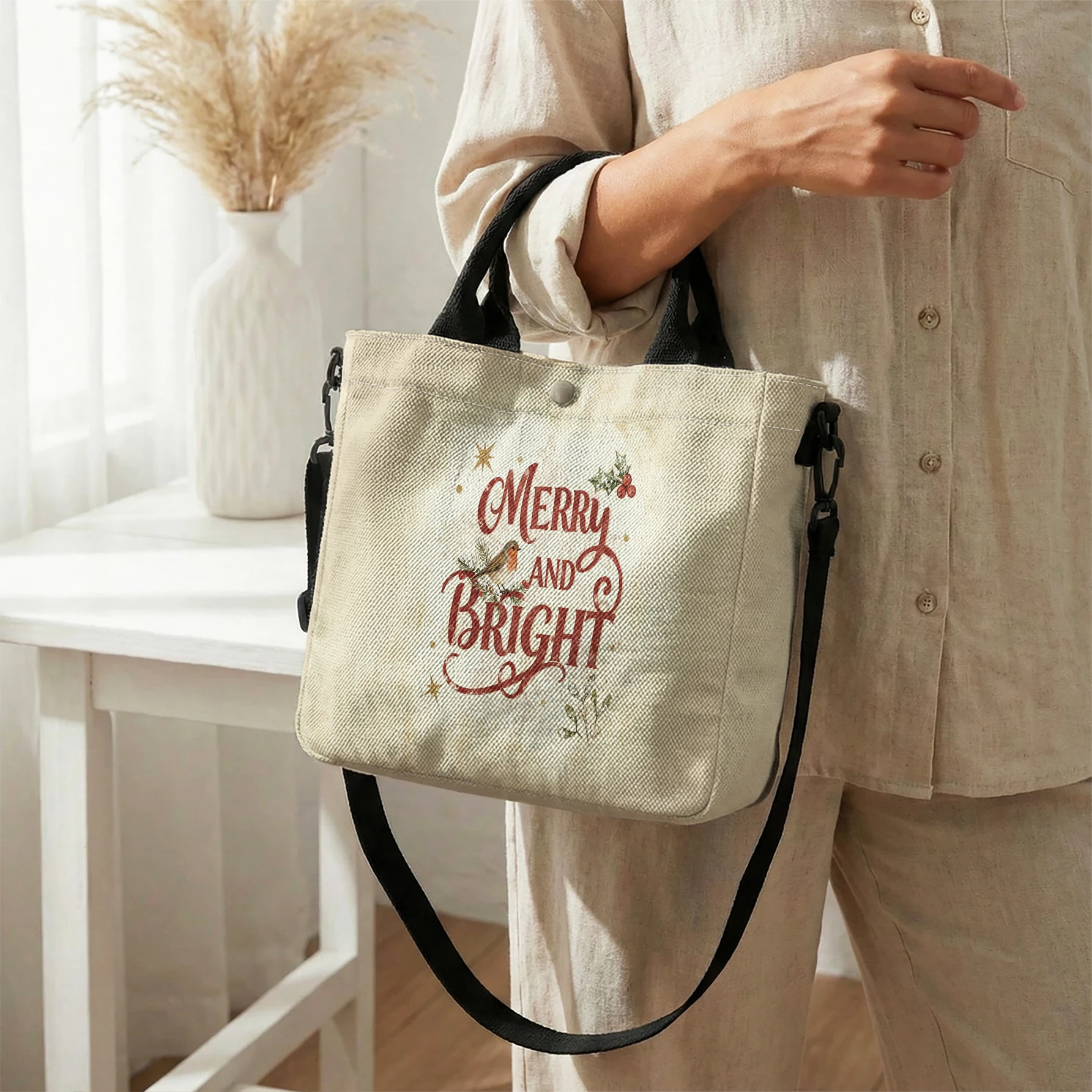 Merry And Bright Christmas Letter Print Tote Bag, Detachable Strap Crossbody Handbag For Daily Work Shopping