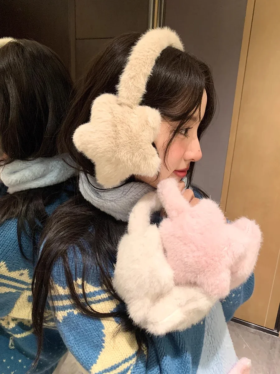 Cute Star Fluffy Earmuffs Earplugs Cold Protection Women Ear Cover Keep Warm Solid Color Plush Earmuffs Cycling Accessories