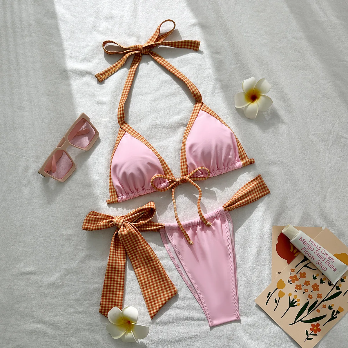 sexy yellow plaid pink patchwork tie bow bikinis sets two pieces thong swimsuits bathing suit swimwear biquini tankini trikini