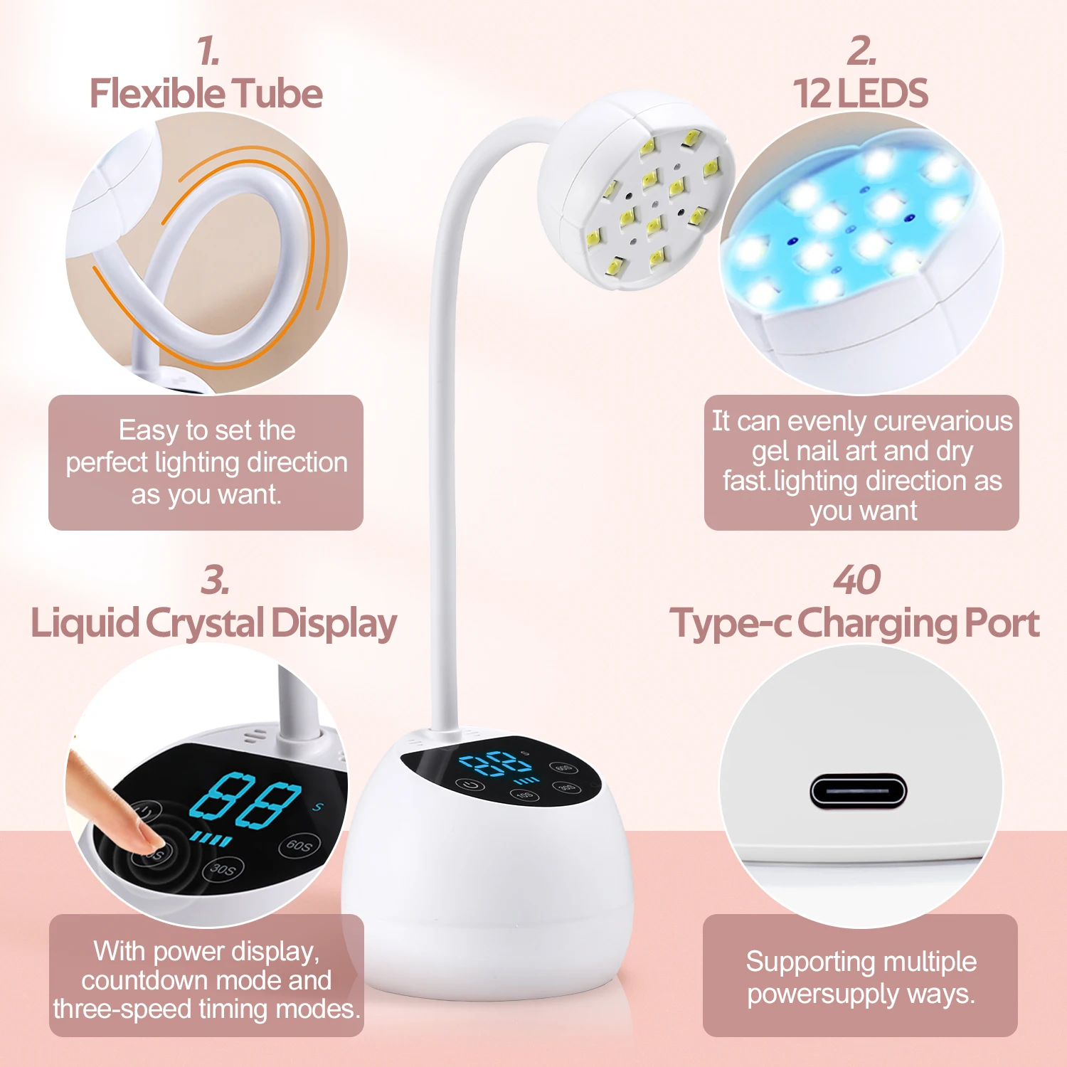 Snoerloze Nagellamp Led UV-Nageldroger Oplaadbare Automatische Detectie-Aanraakbediening Sneldrogend Nagellampje 360 ° Buigbare Tafellamp