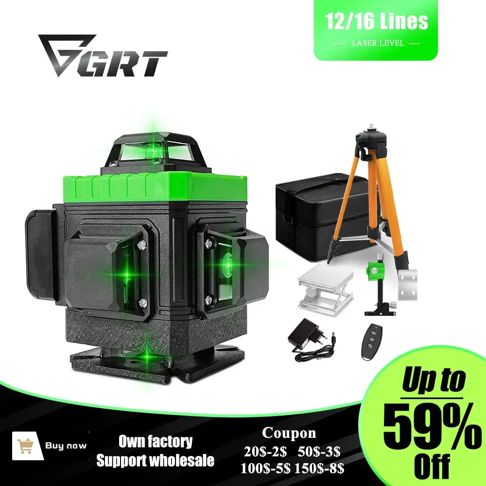 

GRT Laser Level 16/12 Lines Self-Leveling 360 Horizontal and Vertical Cross Green Laser Beam Measuring Tools Nivel Laser лазер