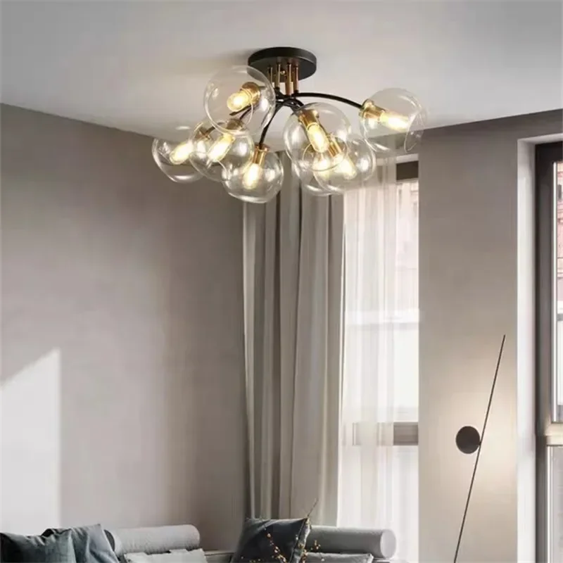 2025 Modern Industrial Ceiling Lights Transparent Smoke Grey Nordic Glass Lampshade Design Black And Gold Lamp Bedroom Decoratio