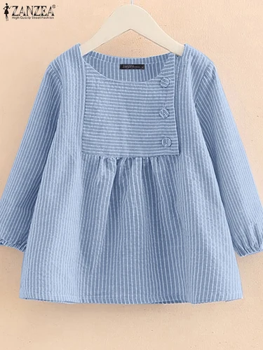 Moda ZANZEA 2025 Blusas a rayas de verano para mujer, Tops informales con cuello redondo, camisa de manga 3/4, camisa holgada para mujer, Blusas elegantes de trabajo OL