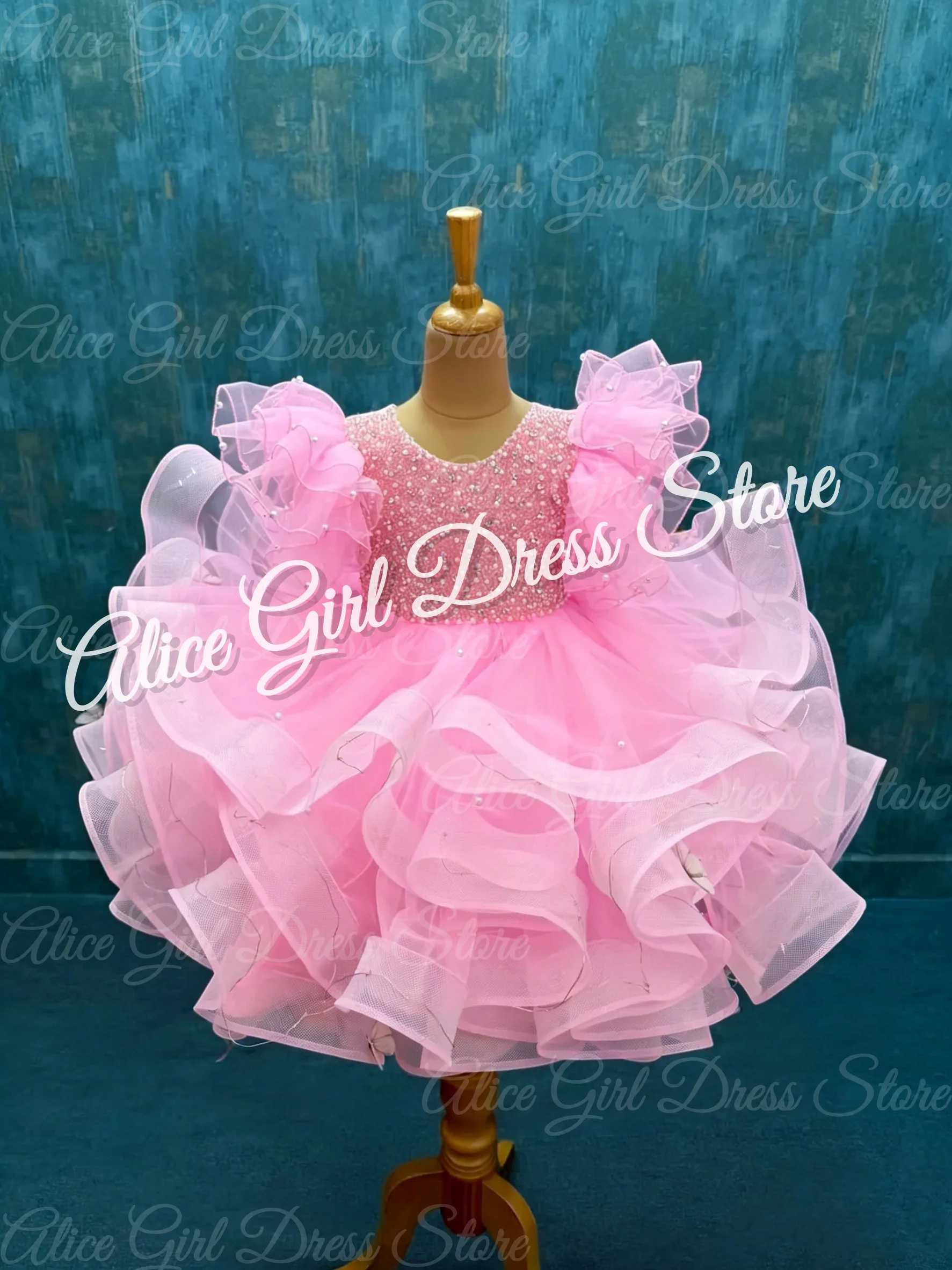 

Индивидуальные милые розовые платья для девочек на свадьбу, с тюлевыми оборками, расшитые бисером, пышные, для первого причастия, на день рождения, детские праздничные платья