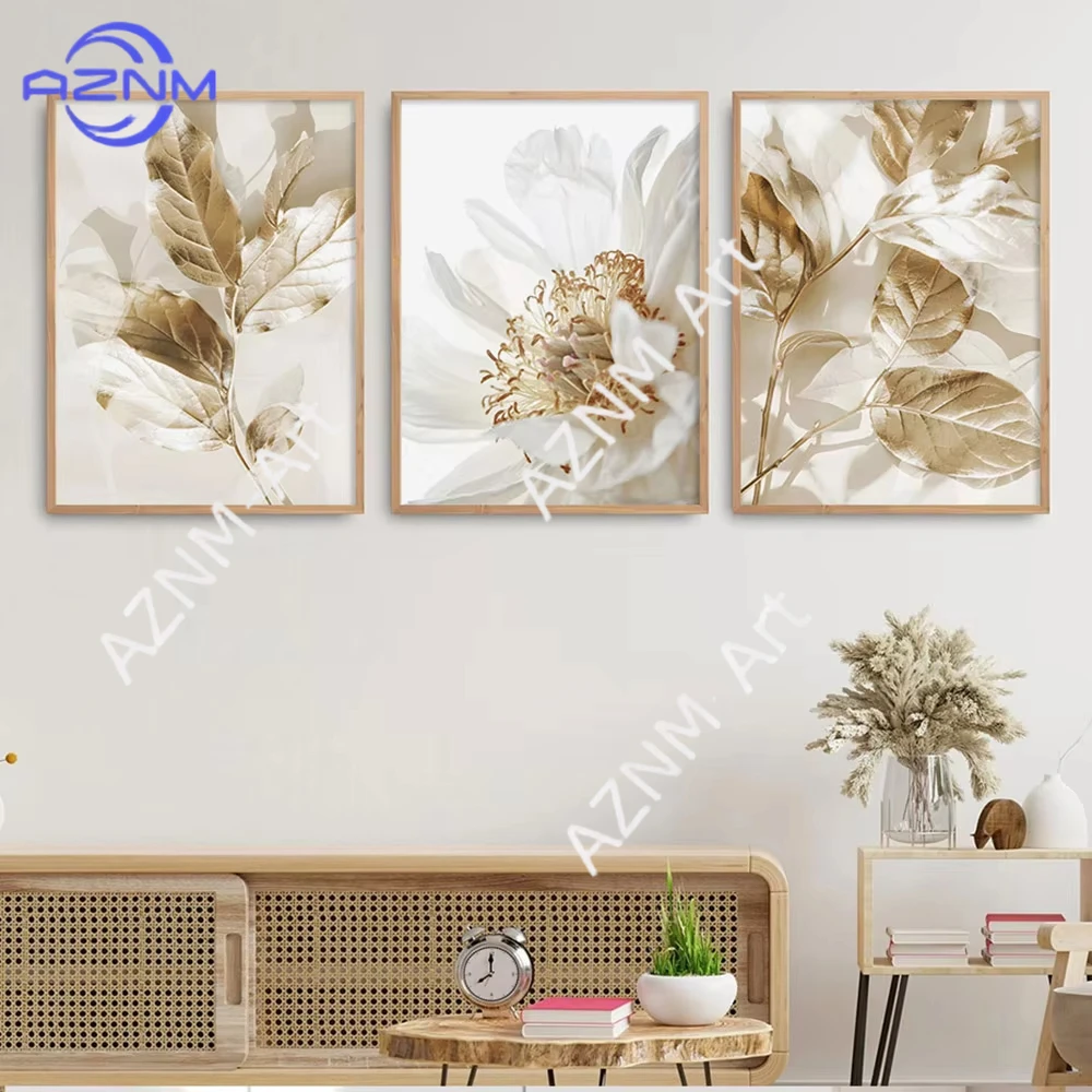 1 Stück/3 Stück Nordisches Weißes Blumen-Goldene-Blätter-Poster Wandkunst Leinwanddruck Bilder Wohnzimmer Inneneinrichtung Heimdekoration