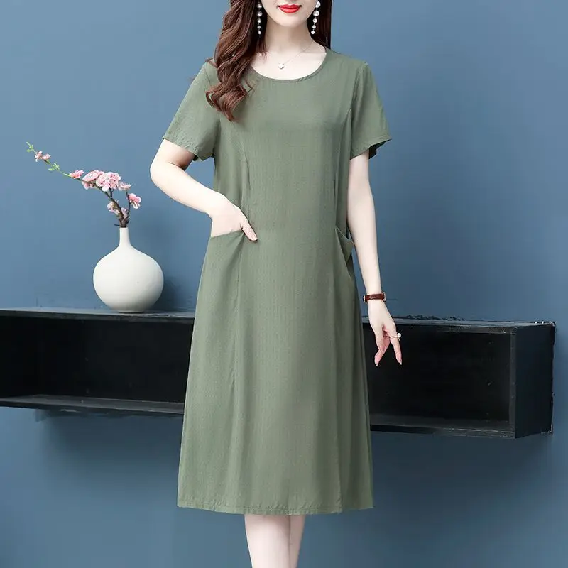 

Женские летние простые элегантные свободные однотонные платья с круглым вырезом и коротким рукавом, повседневные универсальные элегантные платья