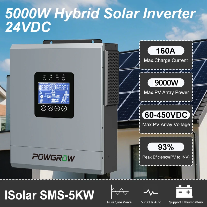 POWGROW 5000W 24V Hybrydowy Inwerter Solarny BMS MPPT 160A WIFI Inwerter z Podwójnym Wyjściem Czysta Sinusoida PV 500V Sieciowy Czysta Sinusoida