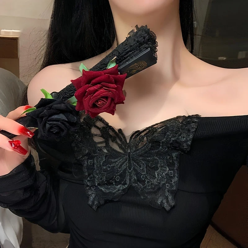 Combhasaki Halloween Lace Folding Fan 3D Rose Decor Retro Handheld Fan Vintage Lolita Style Photography Props Costume Accessory