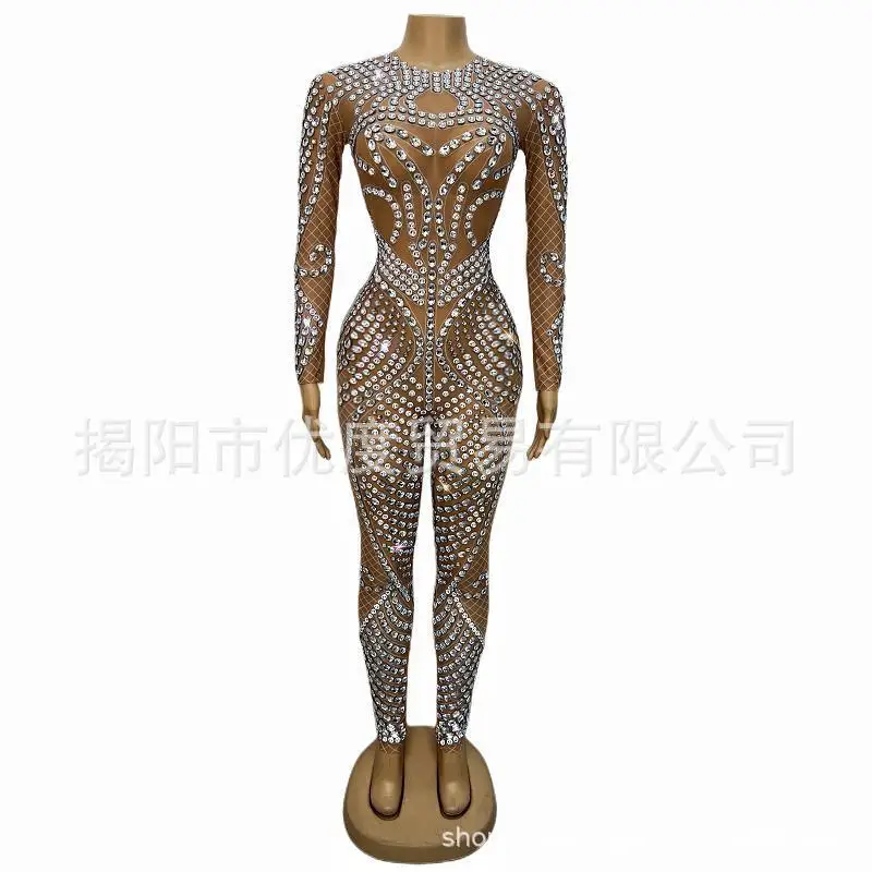 Grid Design Long-sleeved One-piece Rhinestone Wind Female Singer DJ Reception Night Party Performance Suit Spider Slinky Dresses