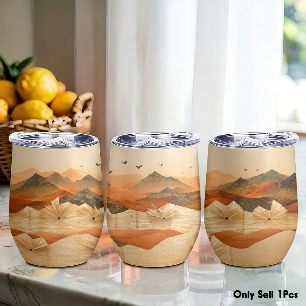 Mountain and River Painting Vacuum Flasks 12oz Insulated Wine Tumbler Vacuum Coffee Mug Egg Shape Thermos Cup