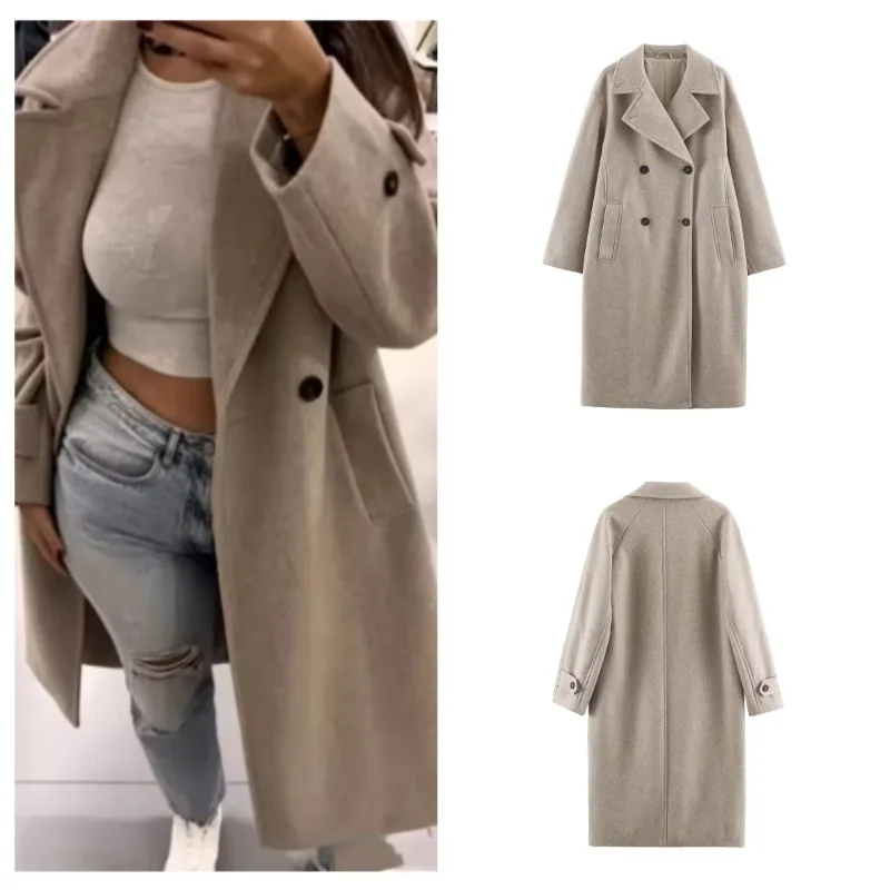 Guobioziy Women's Coat Fall Winter New Versatile Long Sleeve Turn Down Collar Double Breasted Loose Soft Minimalist Style