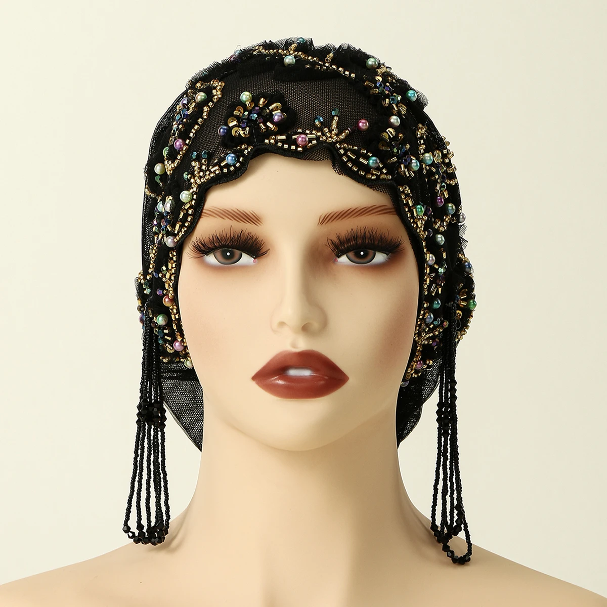 Muslim Lace Pearls Hat Caps Mesh Fabric Bead Tube Paired With An Acrylic Diamond Thread Embroidered Hat For Dubai Arabian Women