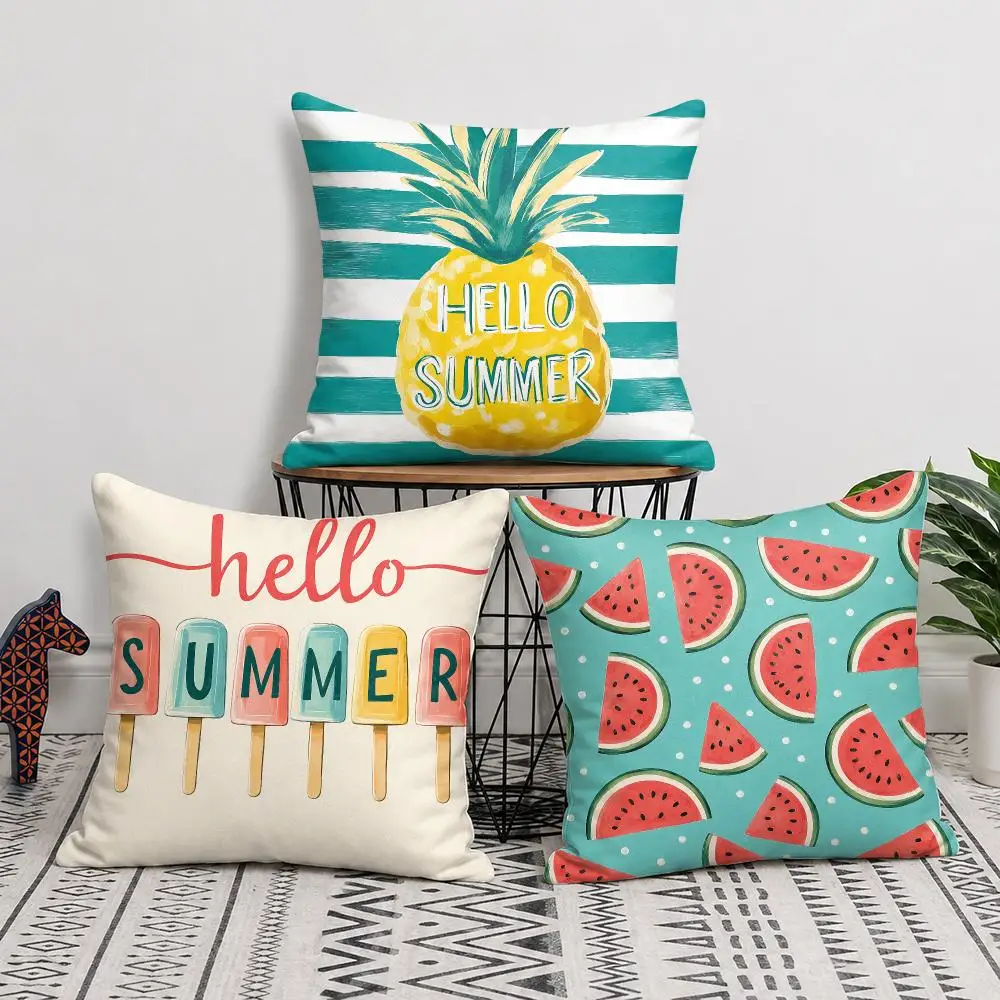 Hand Drawn Summer Artwork Cushion Cover Soft Short Plush Pillow Cover Smooth Cozy Texture Cushion Case Home Decor