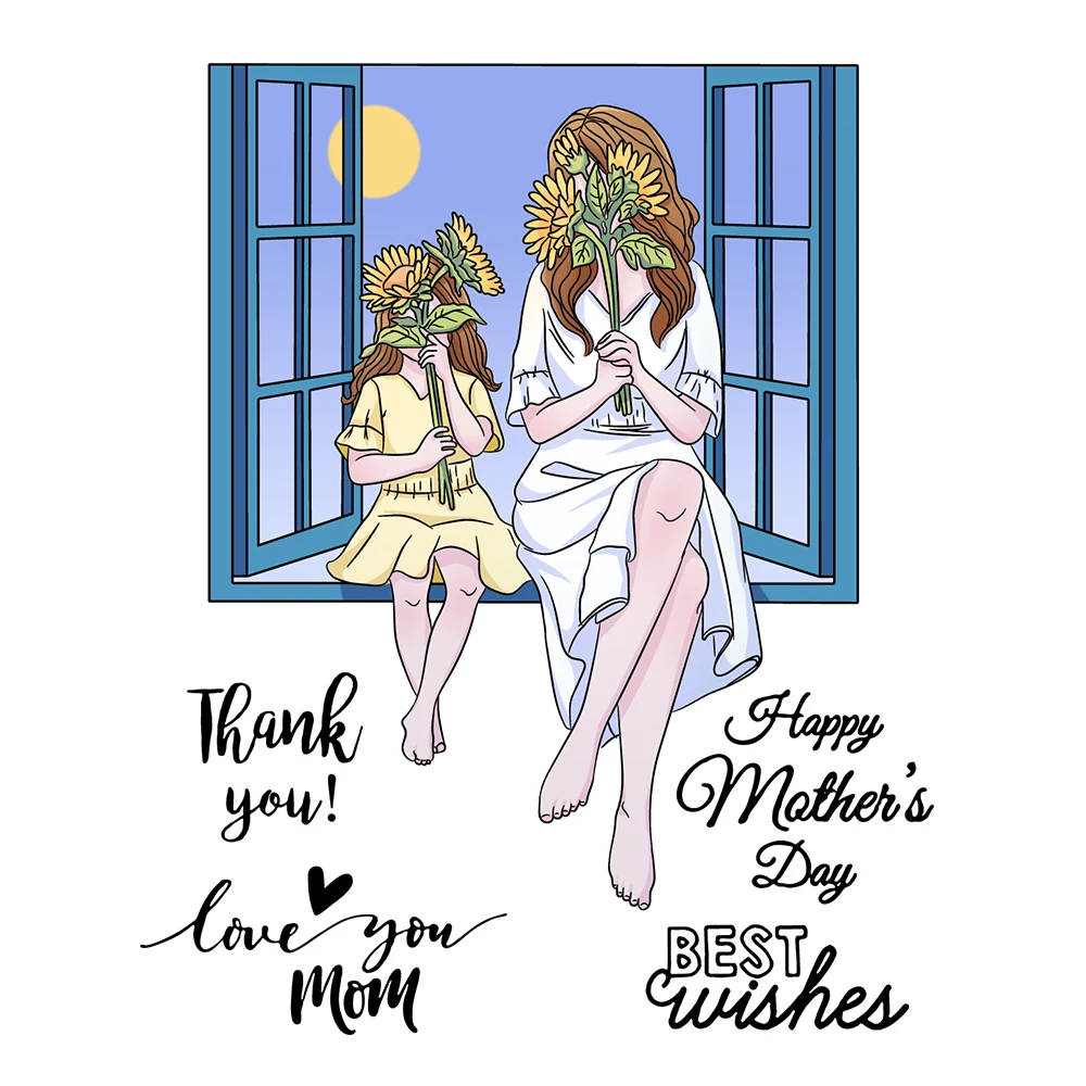 MangoCraft Mother Daughter Windowsill Cutting Dies Clear Stamp Mother's Day DIY Scrapbooking Decor Cut Dies Stamps For Cards s