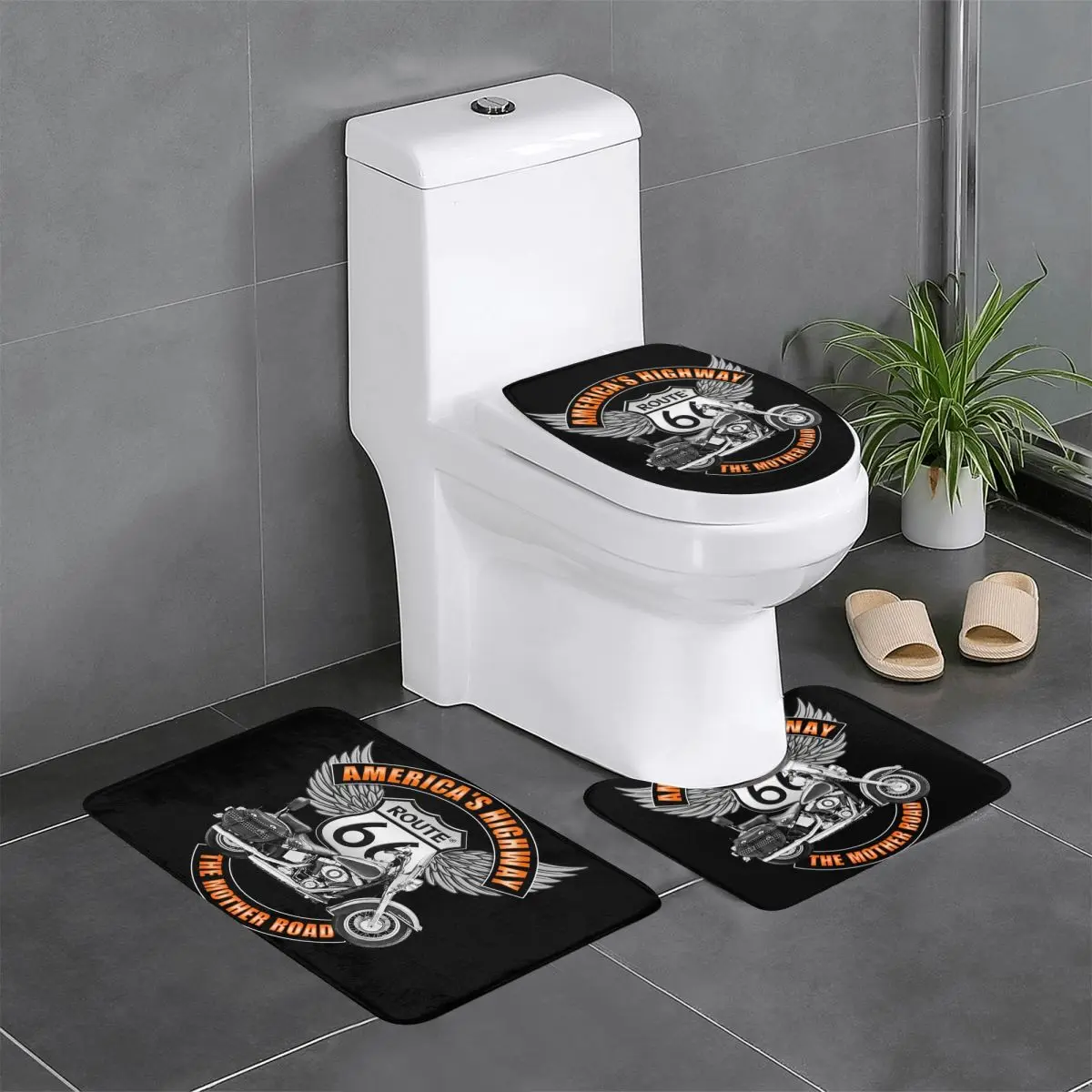 Custom Route 66 Mother Road 3 Piece Bathroom Rugs Set Non-Slip Motorcycle Toilet Bath Mat Sets