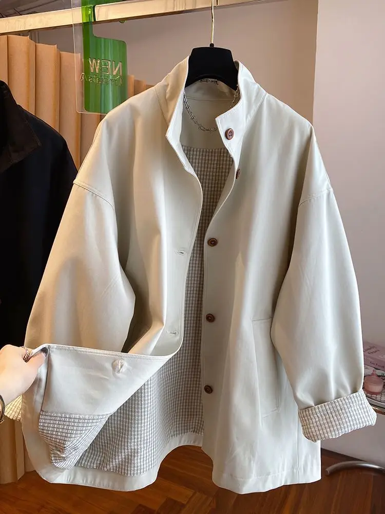 

Stand Up Collar Trench Coat Women's Spring And Autumn 2025 New Loose Casual Plaid Lining Long Coat
