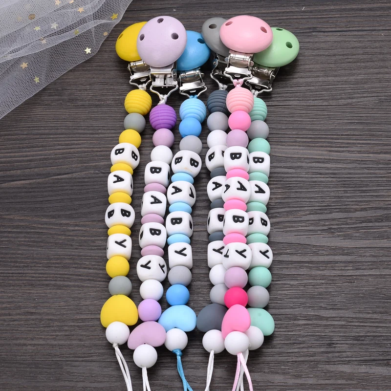 Baby Pacifier Chain Clips Silicone Teether Wood Beads Infant Nipple Appease Clips Dummy Holder Nipple Clip Personalized Name