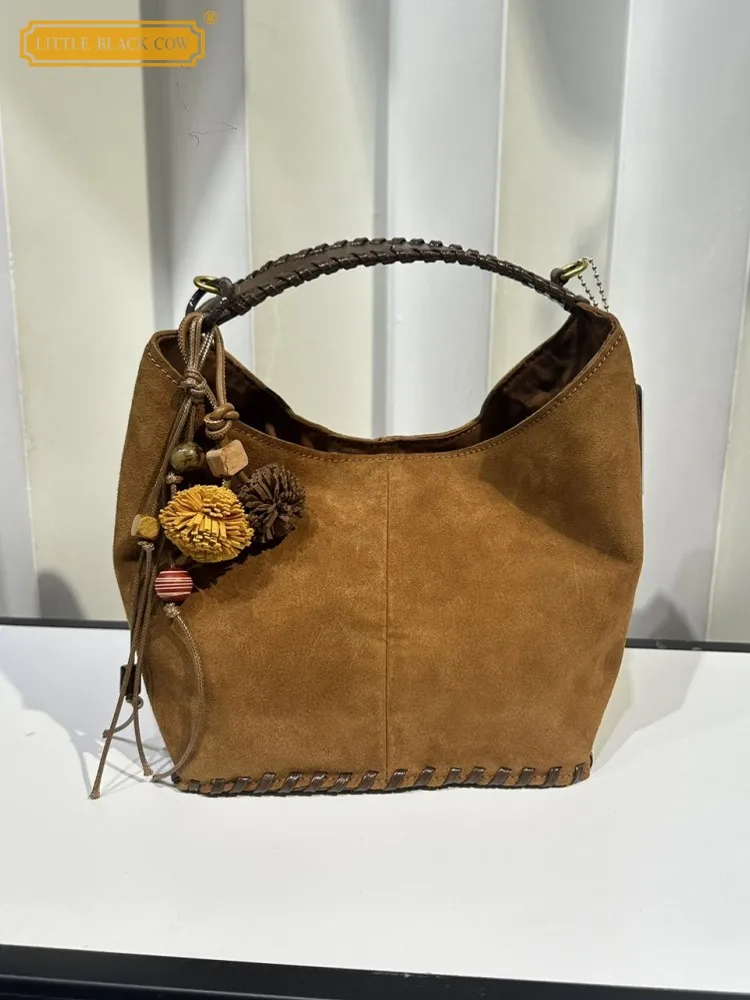 

Fashion Elegant Women Versatile Buckle Bucket Bag Small Totes Handbag Suede Casual Ladies Crossbody Underarm Single Shoulder Bag