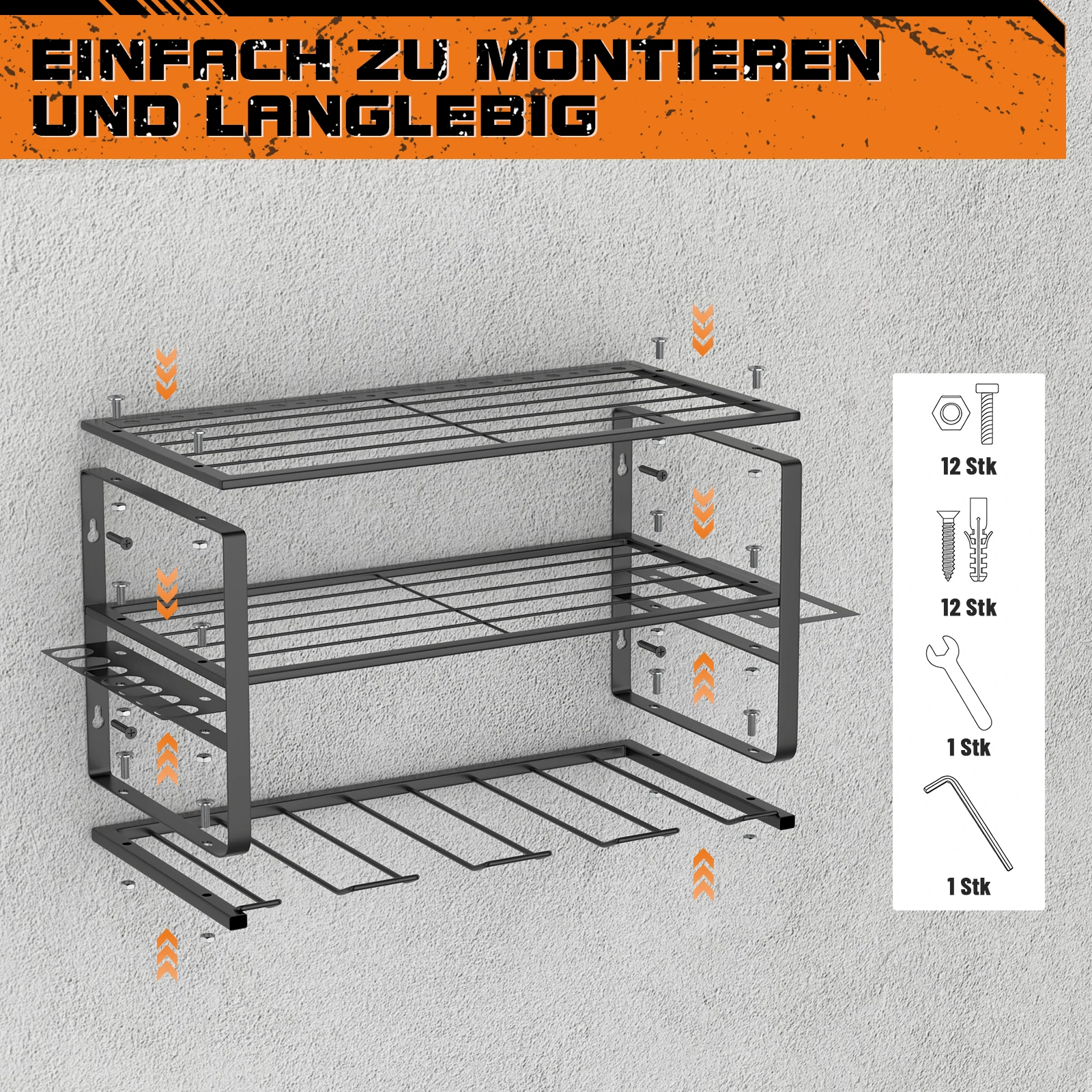 3-stöckiges Werkzeug-Organizer-Regal, 150 lbs Tragkraft, 40x20x21,5cm Schwerlast-Wandhalterung für 4 Bohrerhalter, Werkzeugregal, schwebendes Werkzeugregal, Garagenwandregal für Garage, Zuhause,