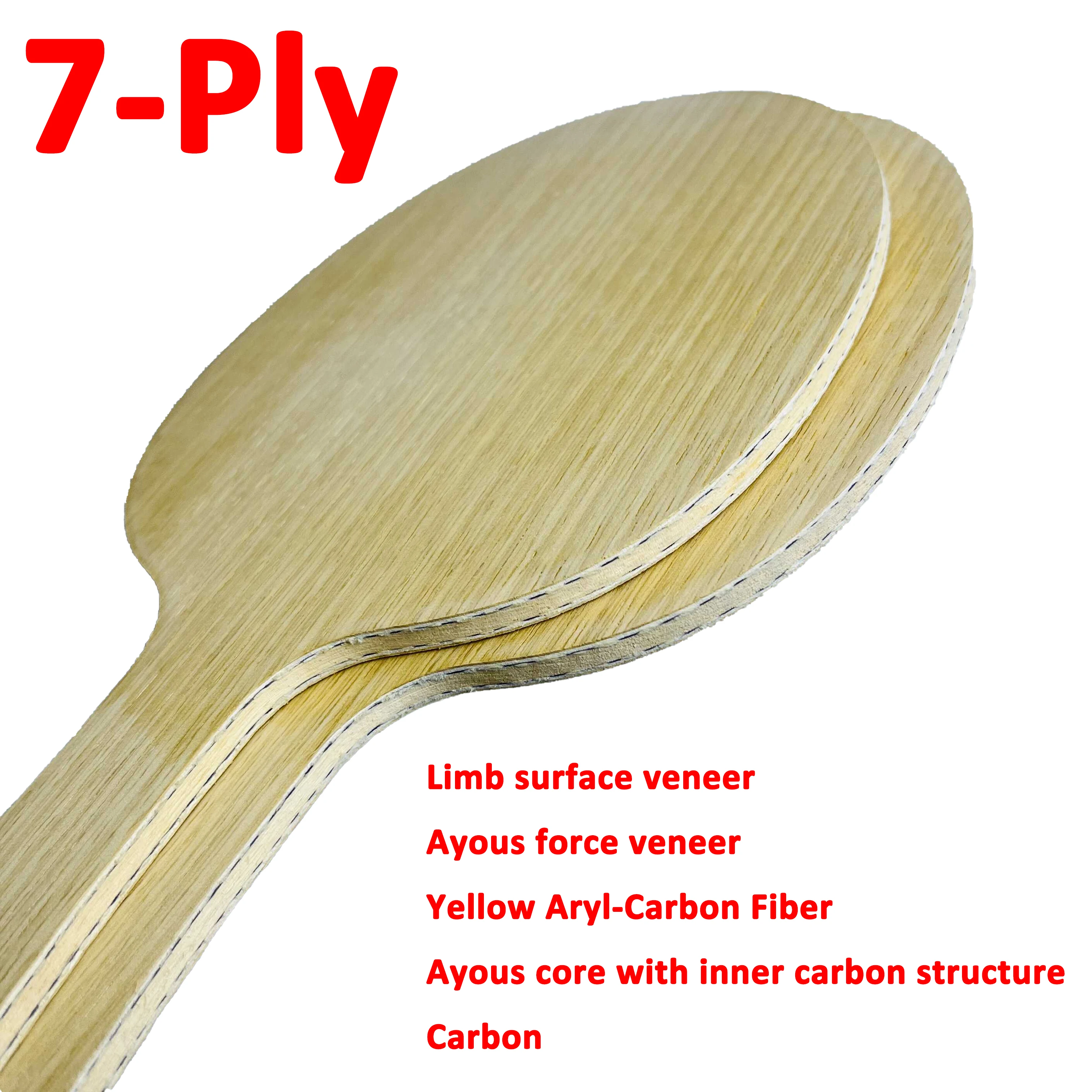 7-Ply Table Tennis Blade with Limb Surface Veneer Ayous Force Veneer Yellow Aryl-Carbon Fiber Ayous Core Ping Pong Paddle